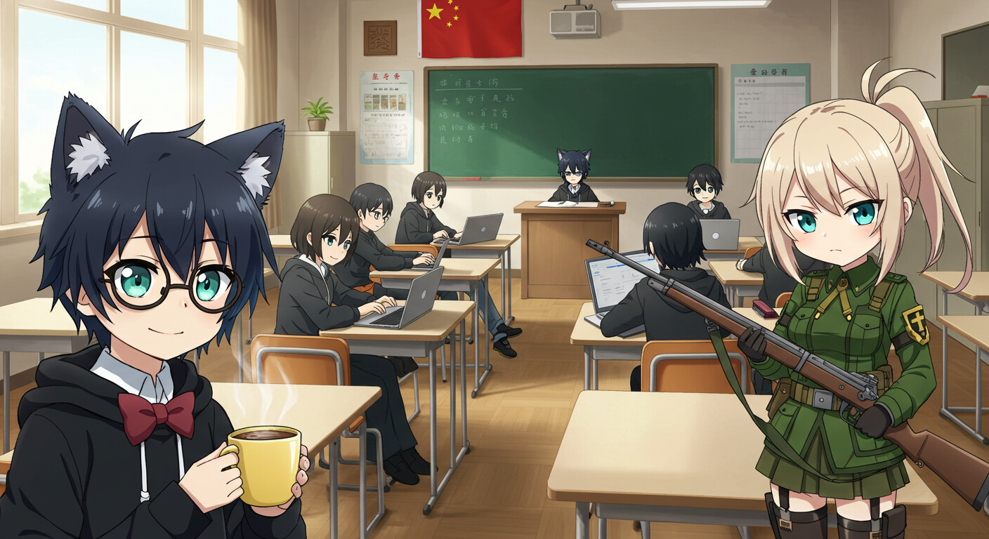 In a classroom with a Chinese flag, a student with cat ears enjoys a drink while another, dressed in military attire, stands holding a rifle. (Captioned by AI)