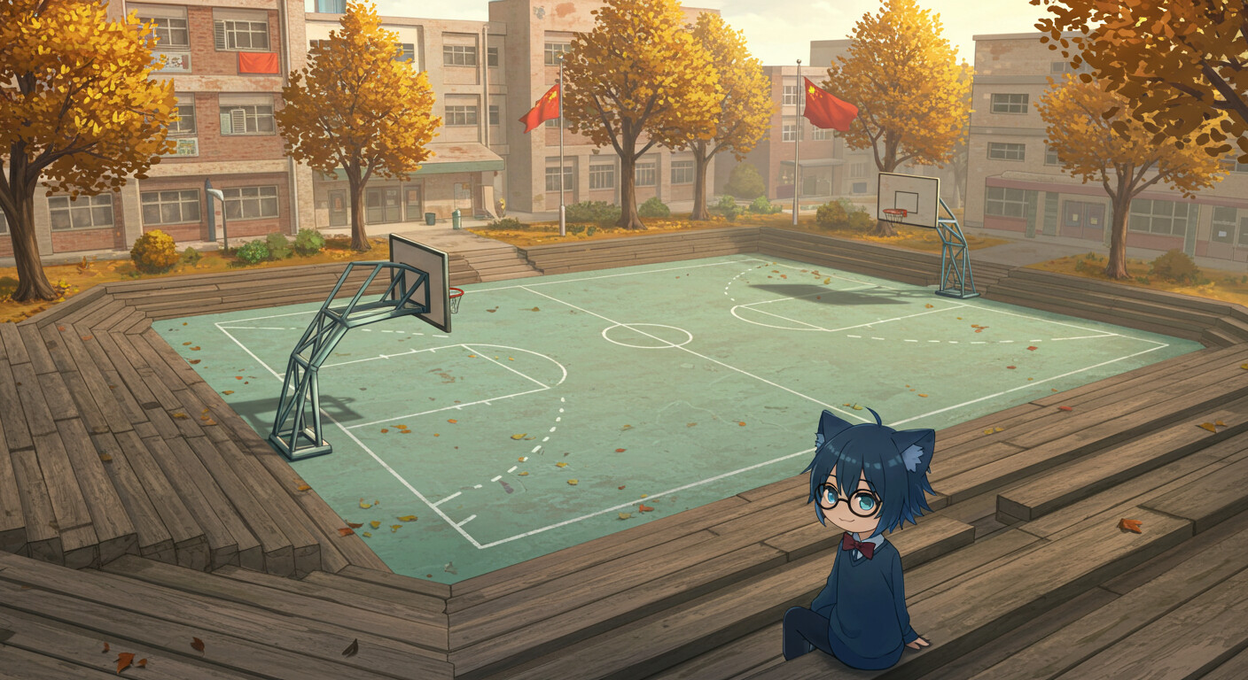 A cartoonish cat-eared character sits on wooden bleachers overlooking an empty outdoor basketball court in front of an autumnal school building. (Captioned by AI)