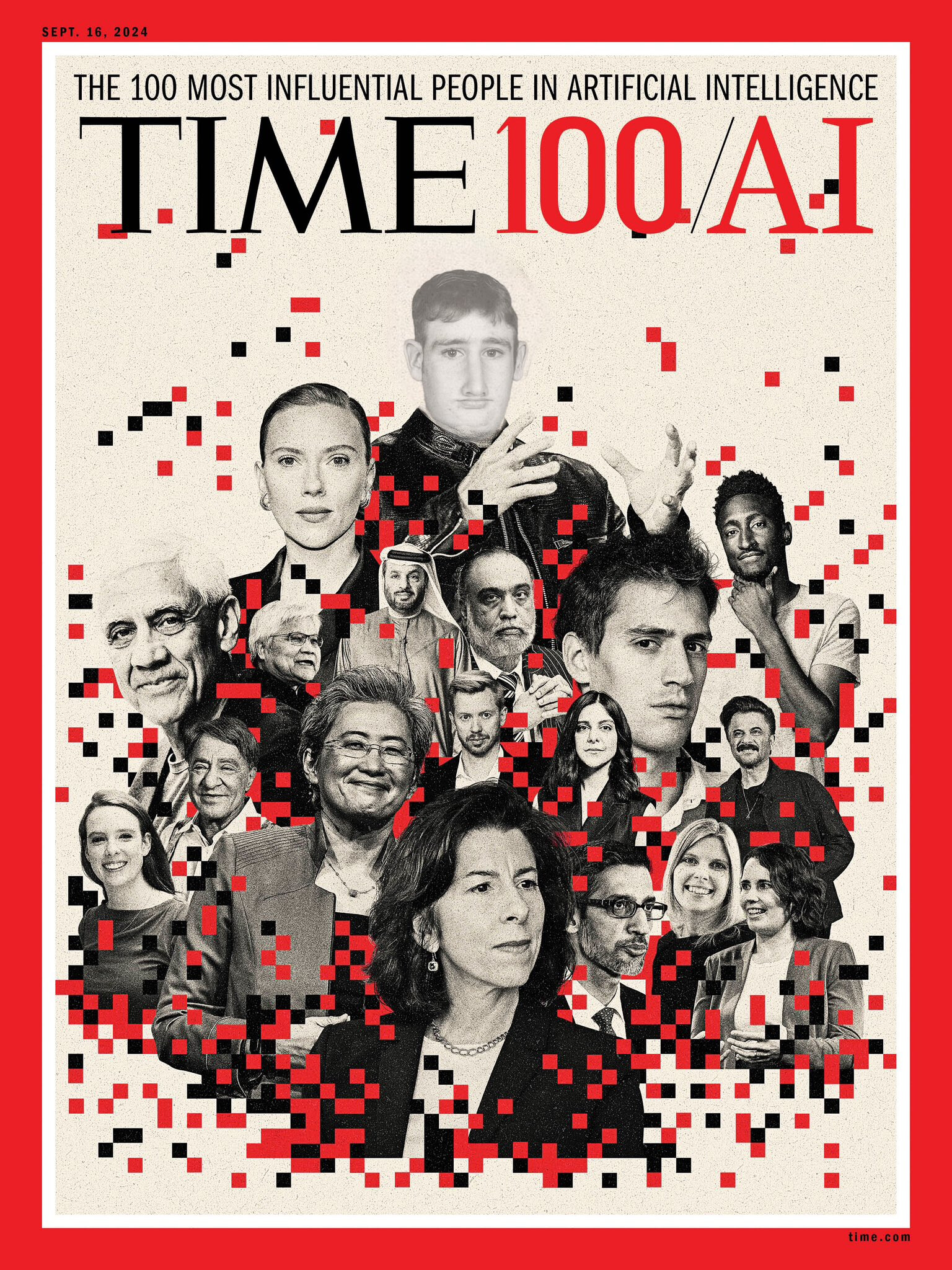 The TIME 100/AI cover features a collage of influential people in artificial intelligence, with a pixelated design and the title "The 100 Most Influential People in Artificial Intelligence". (Captioned by AI)