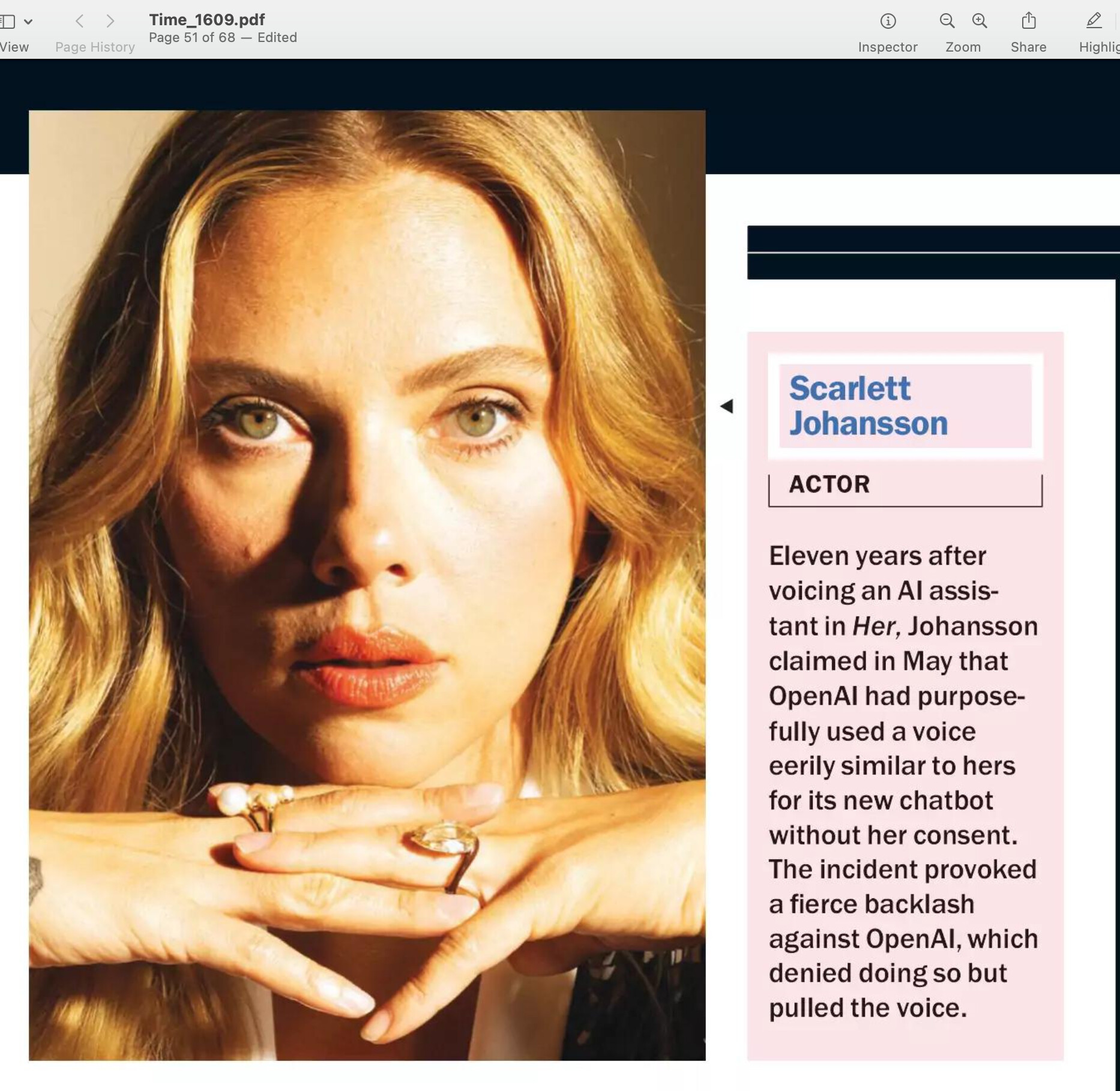 A close-up, portrait-style image of Scarlett Johansson shows the actor with her hands framing her chin and gazing directly at the viewer. (Captioned by AI)