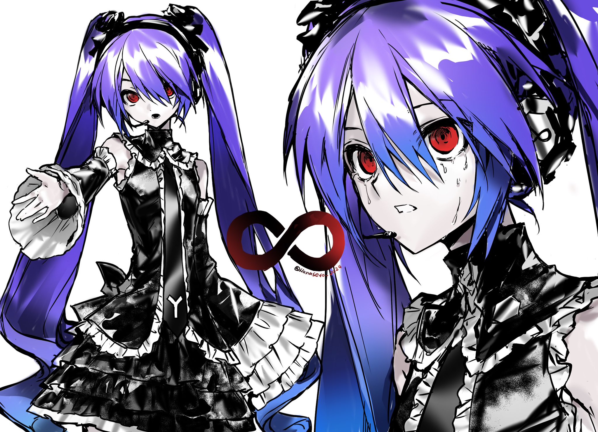 A digital illustration shows a dual depiction of a crying, purple-haired anime girl with red eyes wearing a black frilly dress, against a white background with a red infinity symbol. (Captioned by AI)