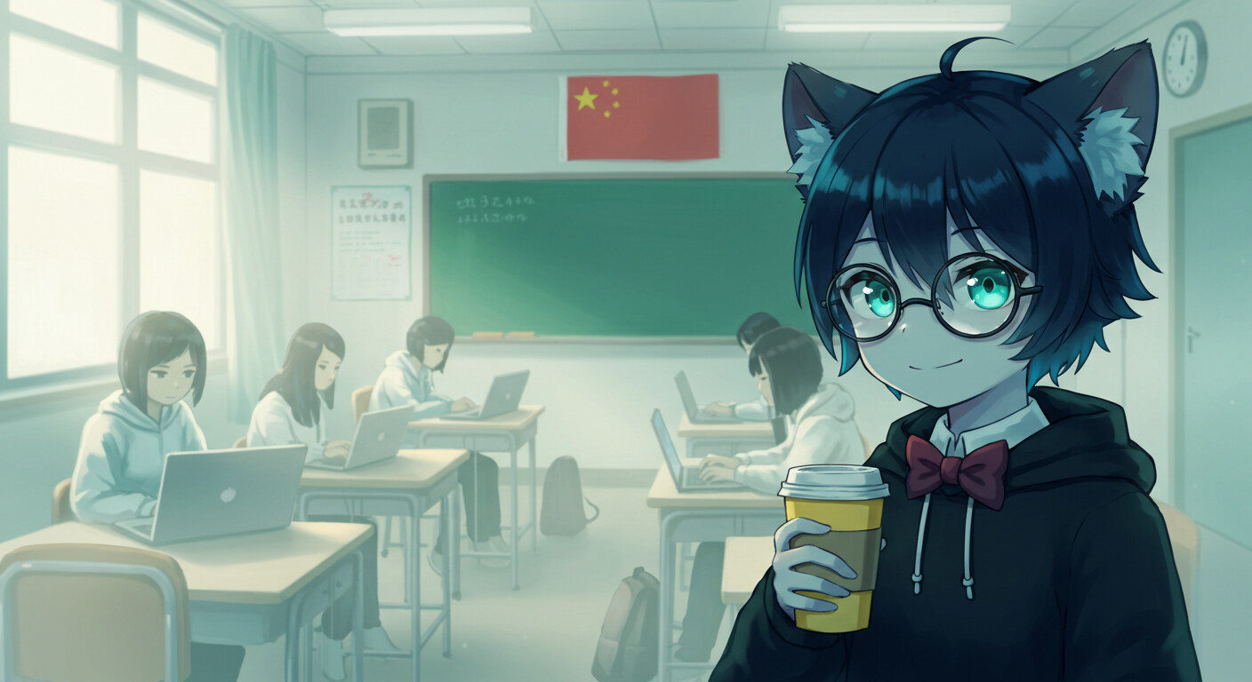 A cat-eared anime character with glasses and a bow tie holds a coffee cup in a classroom while other students work on laptops. (Captioned by AI)