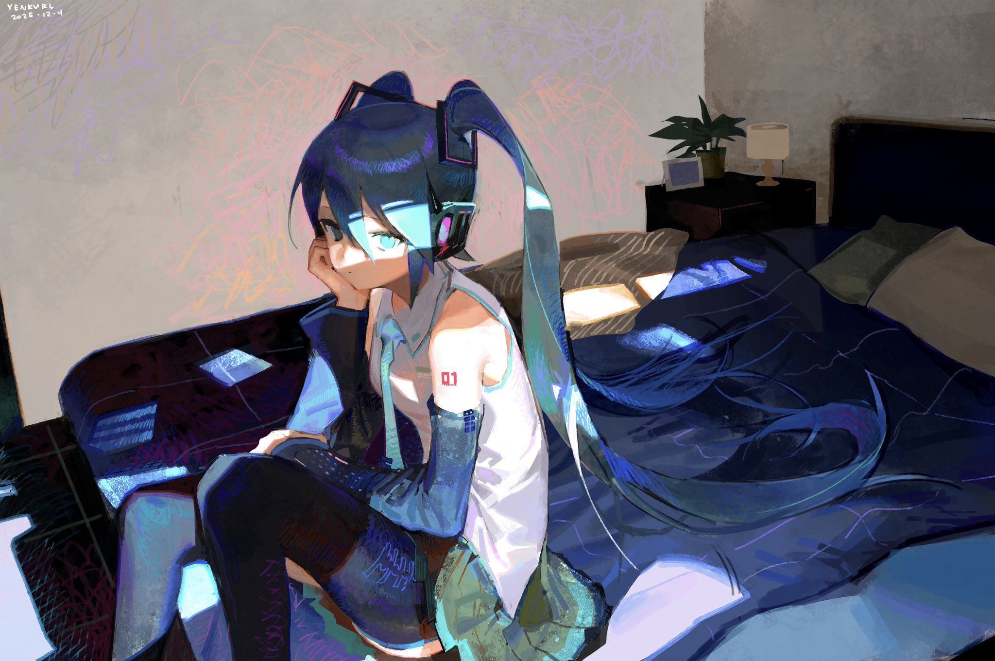 A digital illustration depicts a blue-haired anime character, wearing headphones and a white tank top with "01" on her arm, sitting pensively on a bed in a dimly lit room. (Captioned by AI)