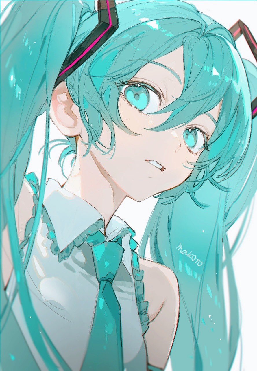 This is a close-up digital illustration of Hatsune Miku with bright teal hair in twin tails, wearing a white ruffled shirt and teal tie, looking slightly to the left with an almost pouty expression. (Captioned by AI)