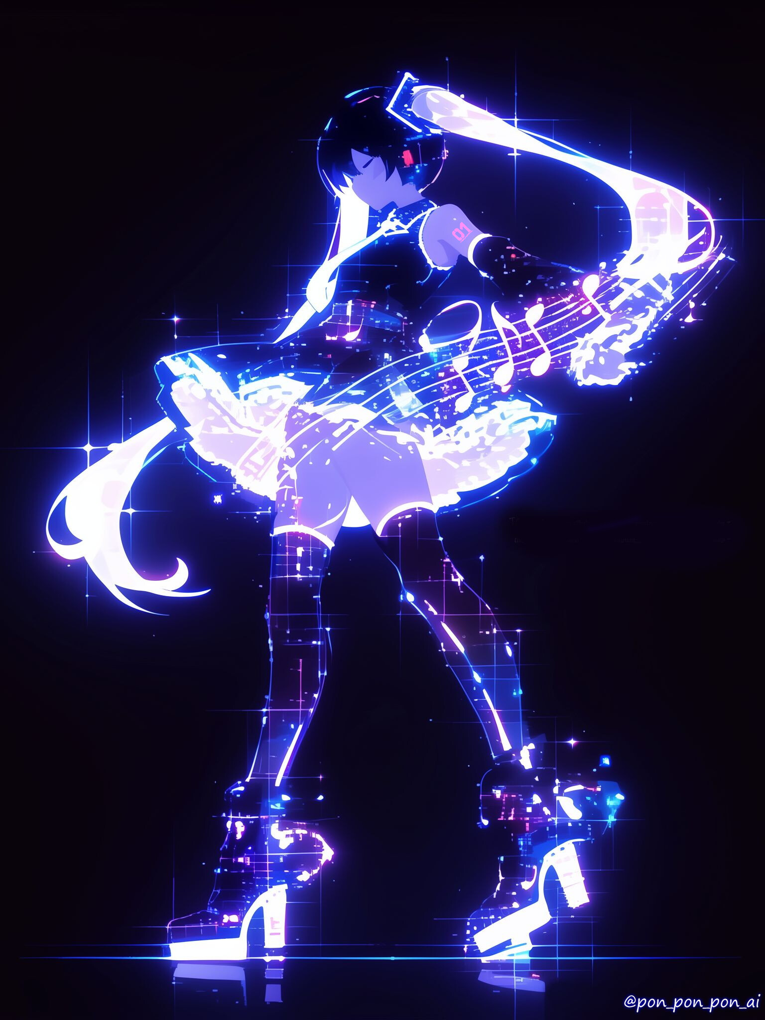 A stylized, neon-lit anime girl with long flowing hair and a frilly skirt stands in the dark, playing a glowing guitar with musical notes. (Captioned by AI)