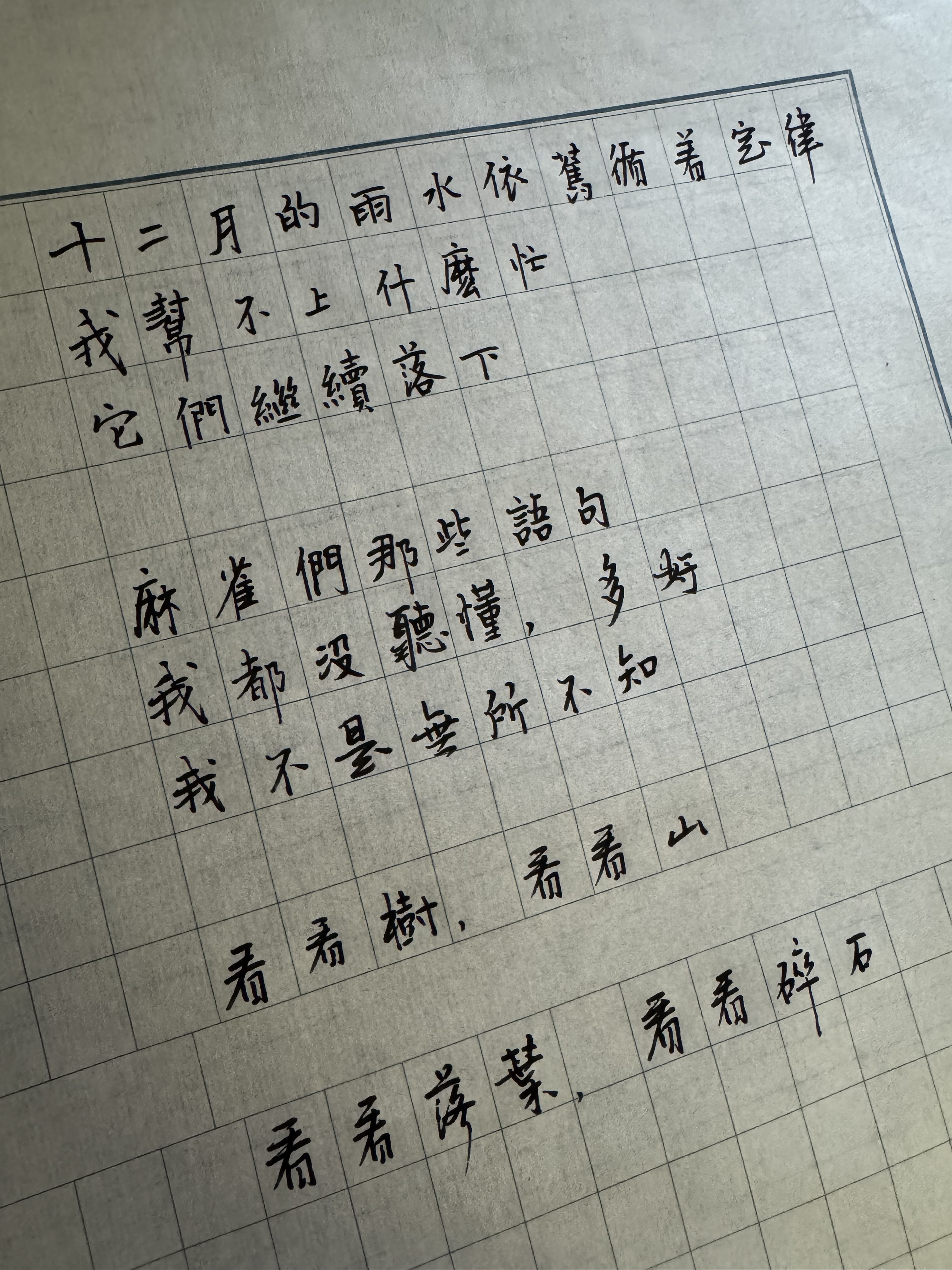 The image shows a handwritten poem in Chinese, neatly written in black ink on gridded paper. (Captioned by AI)