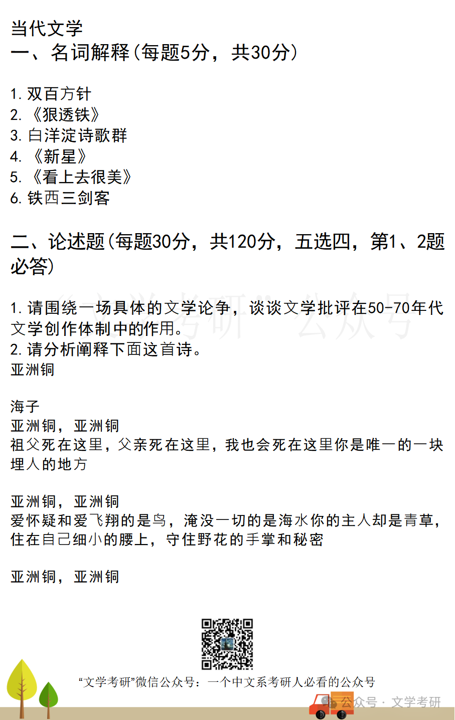 This image shows a Chinese contemporary literature exam paper featuring sections for term explanations and essay questions, including the analysis of a poem by Haizi. (Captioned by AI)