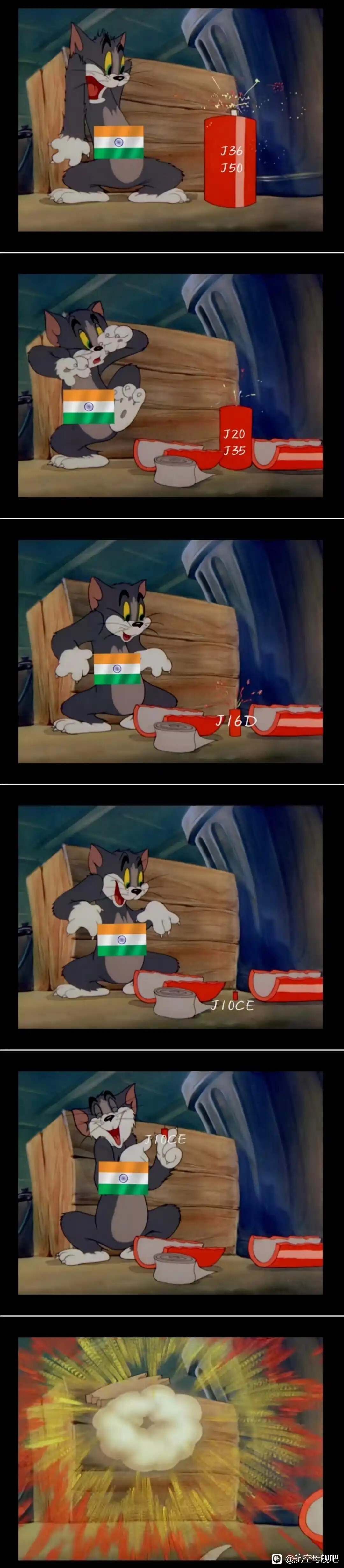 Wearing the Indian flag, Tom interacts with a sequence of fireworks labeled with changing numbers, ending in a powerful explosion. (由 AI 生成标题)