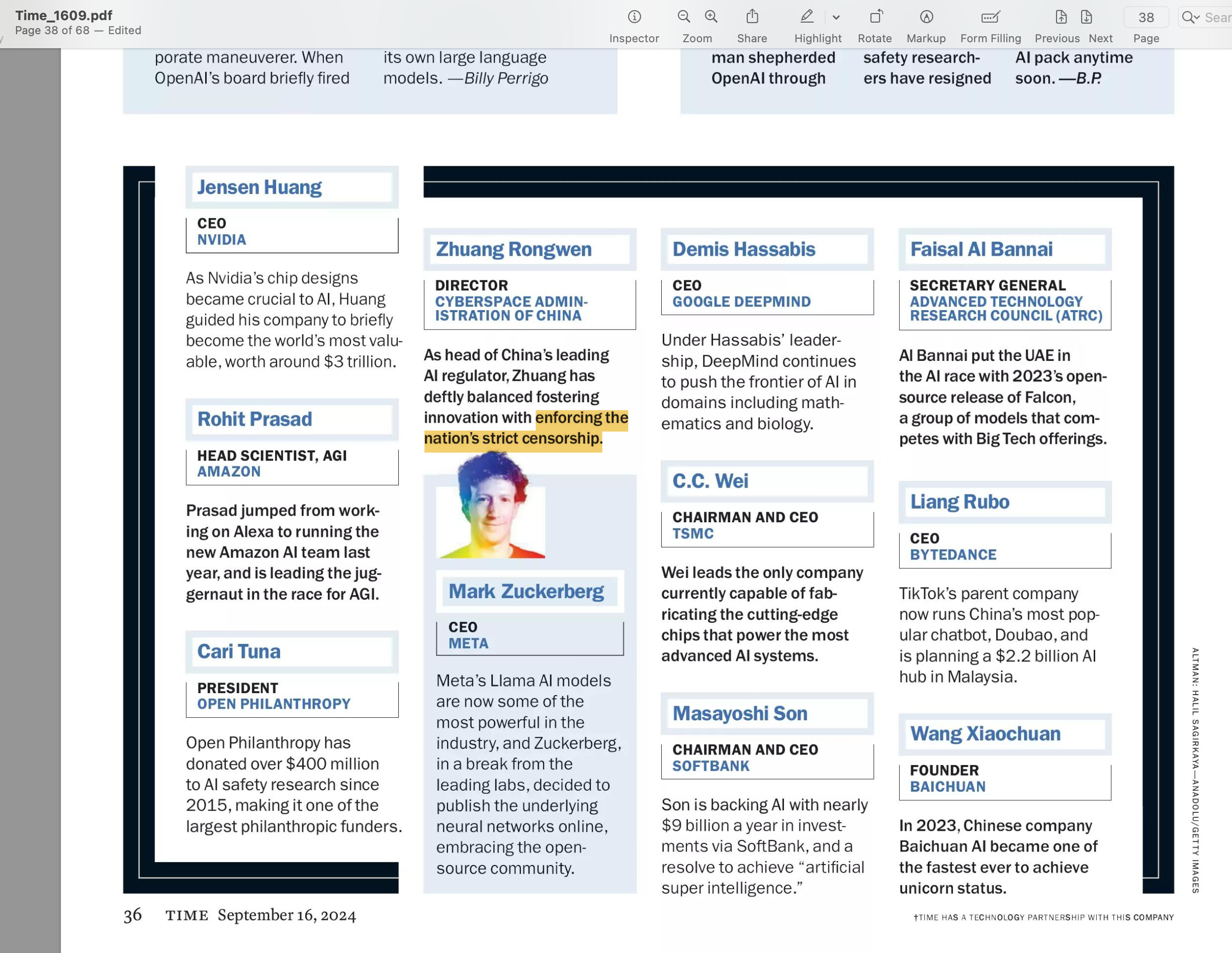 A page from TIME magazine features a grid layout showcasing key figures in the field of Artificial Intelligence, including their roles, affiliations, and brief descriptions of their contributions. (Captioned by AI)