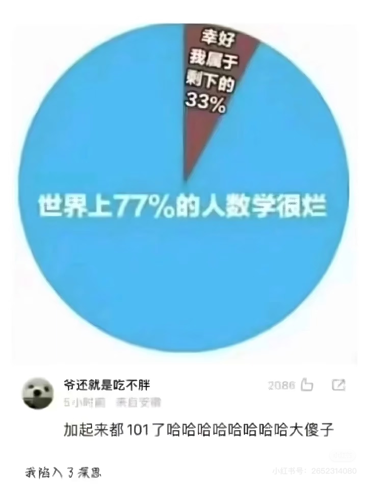 This Chinese meme features a pie chart ironically demonstrating poor math skills by showing percentages (77% and 33%) that add up incorrectly, accompanied by a comment pointing out the mathematical error (though incorrectly calculating the sum as 101). (由 AI 生成标题)