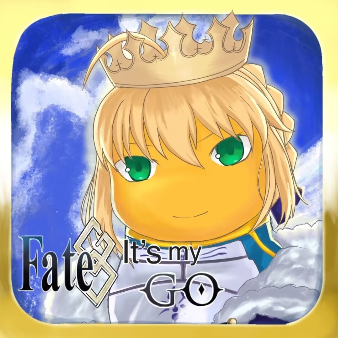 This is a digital drawing featuring a cartoon character with blonde hair, green eyes, and a golden crown, set against a blue and white sky backdrop with the phrase "It's my GO" and the word "Fate" to the left. (Captioned by AI)