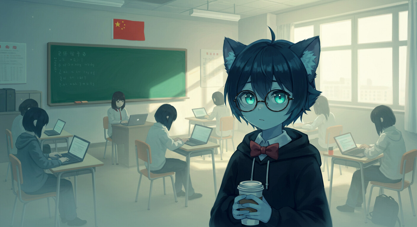 In a softly lit classroom where students work on their laptops, a blue-toned anime-style cat person holding a coffee cup stands in the foreground, looking directly at the viewer with large green eyes. (Captioned by AI)