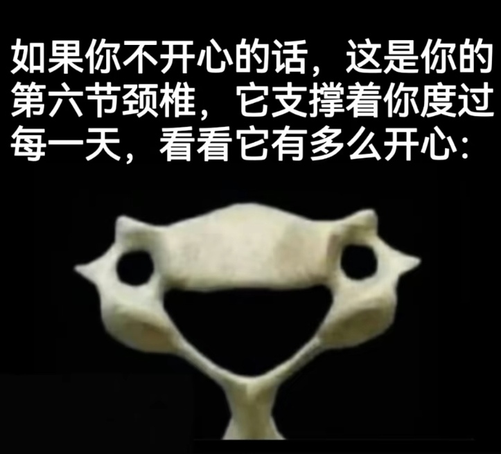 A bone, possibly a vertebra, is shown against a black background with Chinese text above it, which translates to: "If you are not happy, this is your sixth cervical vertebra, it supports you through every day, look how happy it is." (Captioned by AI)