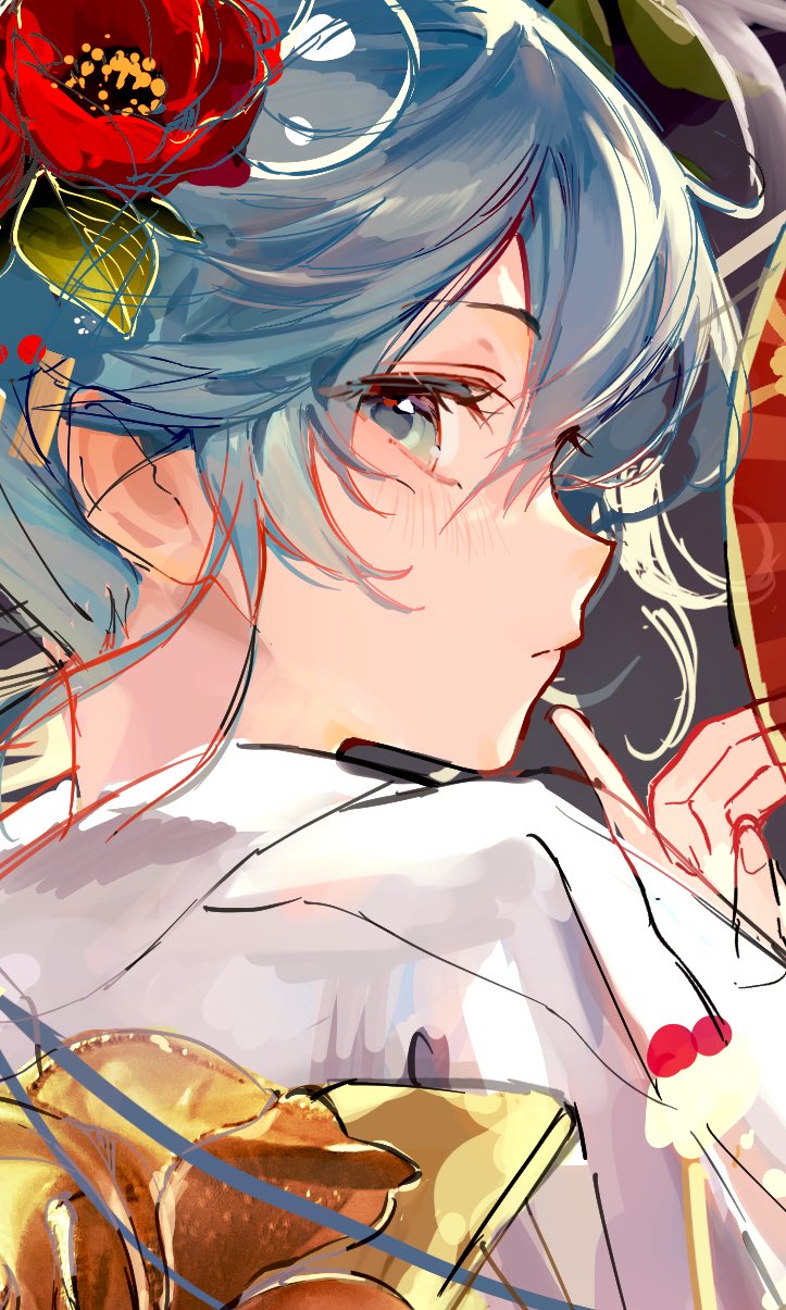 A close-up illustration depicts a girl with light blue hair and a thoughtful expression, wearing a white top and an orange and gold garment, with a large red flower in her hair. (Captioned by AI)