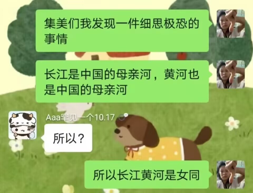 This image displays a humorous Chinese chat conversation concluding that the Yangtze and Yellow Rivers are lesbians because they are both considered "mother rivers" of China. (Captioned by AI)