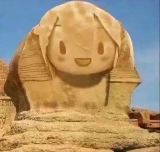 A smiling, cartoonish Sphinx with a simplistic face and hair is set against a desert background and clear blue sky. (Captioned by AI)