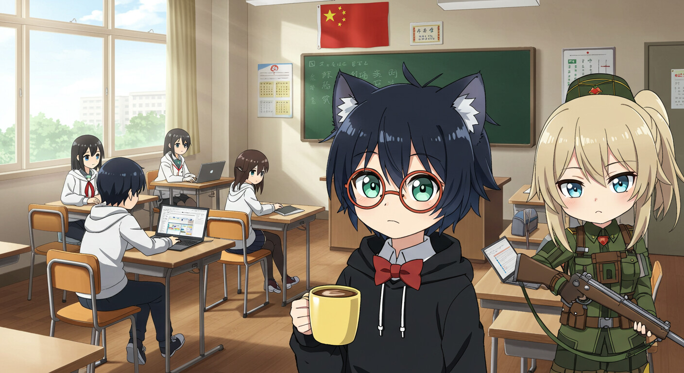 In a classroom with a Chinese flag and students at their desks, one student holds a coffee cup while another in a military uniform is armed with a rifle. (Captioned by AI)