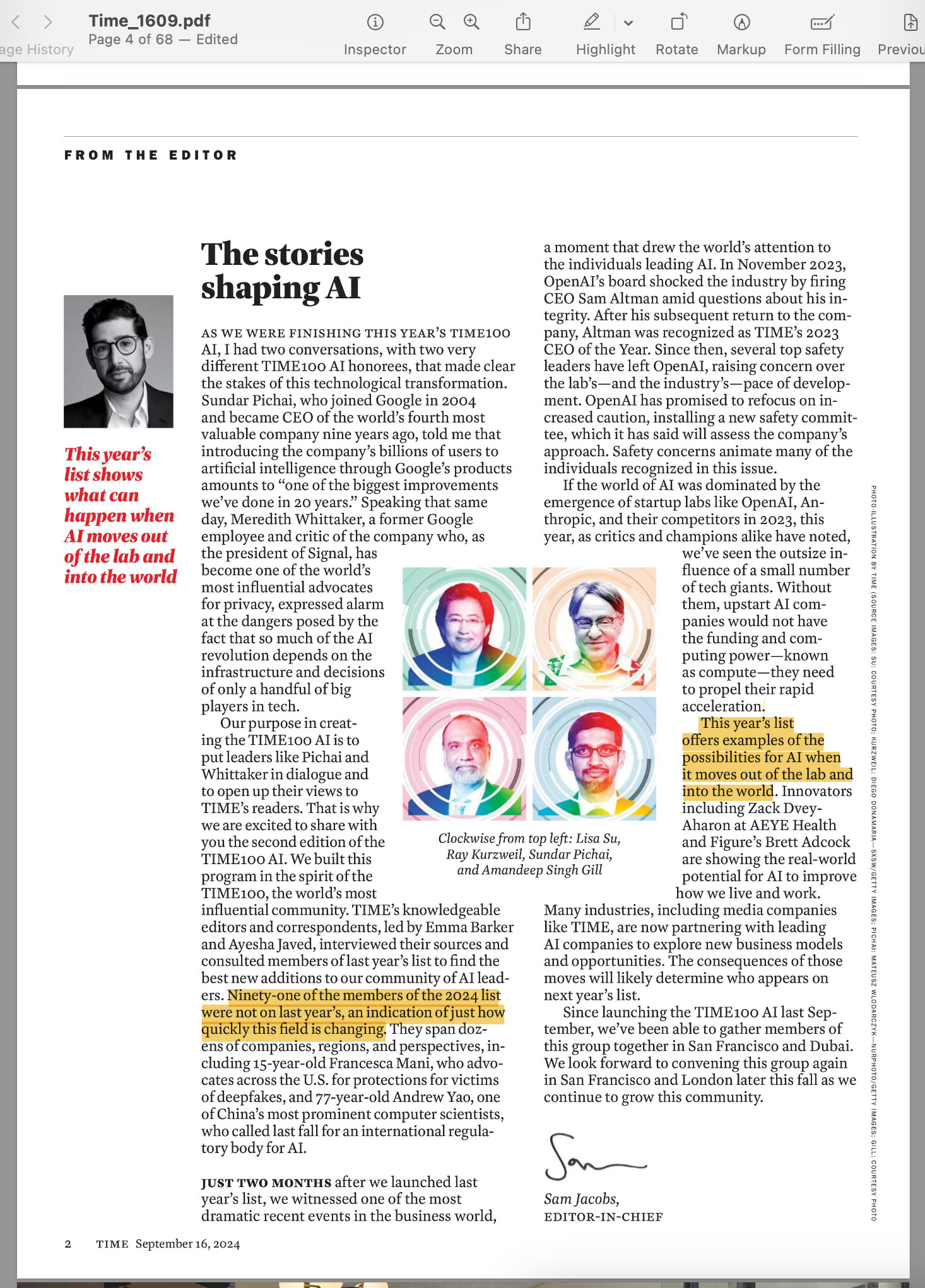 This is a page from TIME magazine featuring an article about the impact of Artificial Intelligence, including insights from industry leaders and the editor's perspective. (Captioned by AI)
