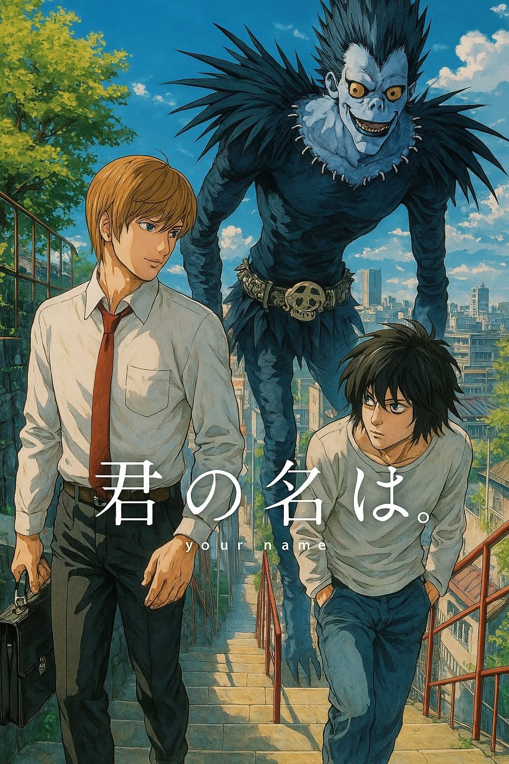 This image depicts Death Note characters Light Yagami, L Lawliet, and Ryuk reimagined on the iconic staircase from the anime movie Your Name. (由 AI 生成标题)