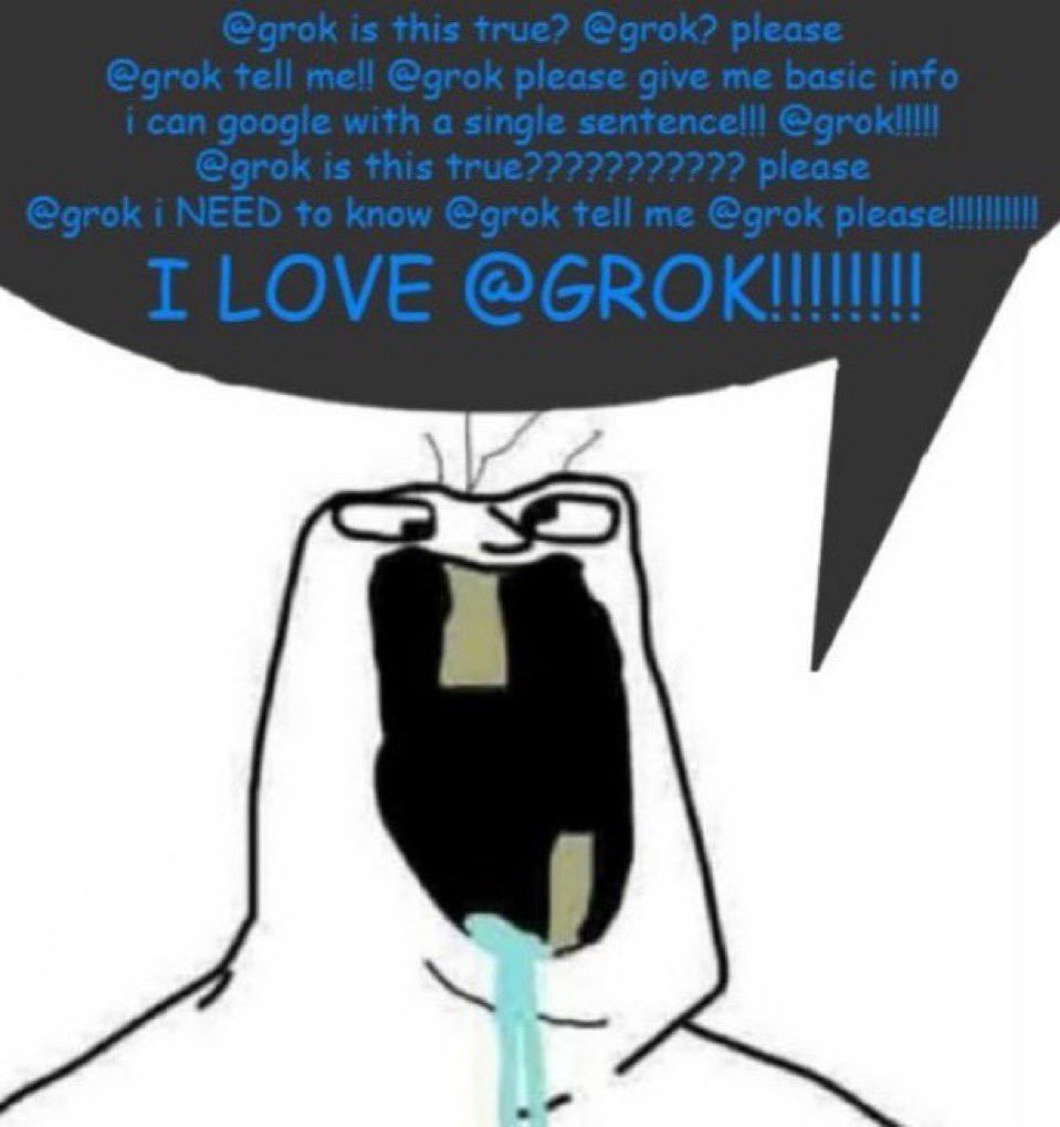 A crudely drawn meme character with a wide-open, screaming mouth and tears/drool intensely pleads for information and expresses adoration for an AI named "@grok" in an overhead speech bubble. (由 AI 生成标题)