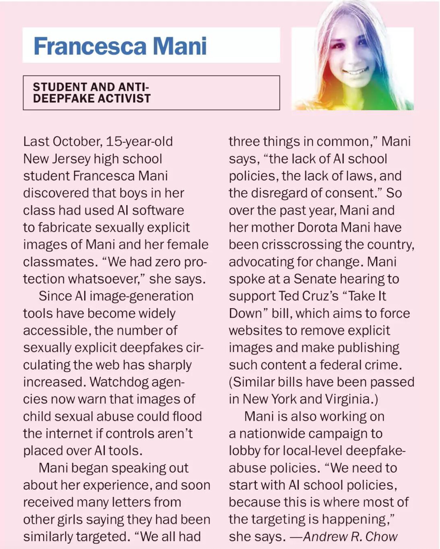 Francesca Mani, a high school student and anti-deepfake activist, is pictured alongside an article detailing her advocacy against AI-generated explicit content. (Captioned by AI)