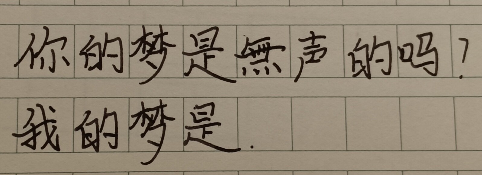 The image shows Chinese characters written in black ink that translate to "Is your dream silent? My dream is..." in English. (Captioned by AI)