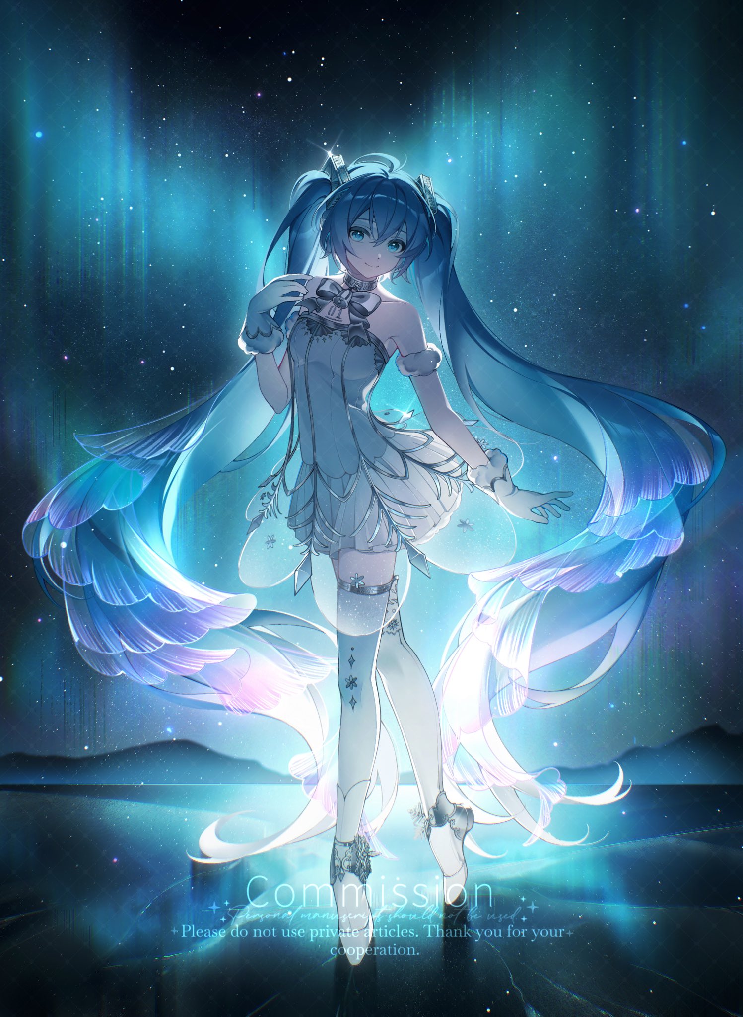 A stylized anime character with blue hair in twintails poses gracefully against a backdrop of swirling blue light and stars, wearing a white dress with ethereal, feather-like extensions. (Captioned by AI)