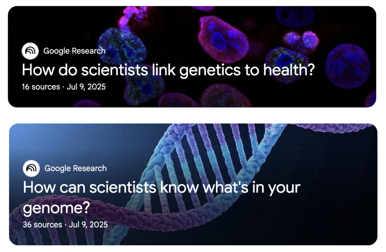 Two Google Research banners featuring microscopic cells and a DNA strand ask questions about linking genetics to health and genome sequencing.