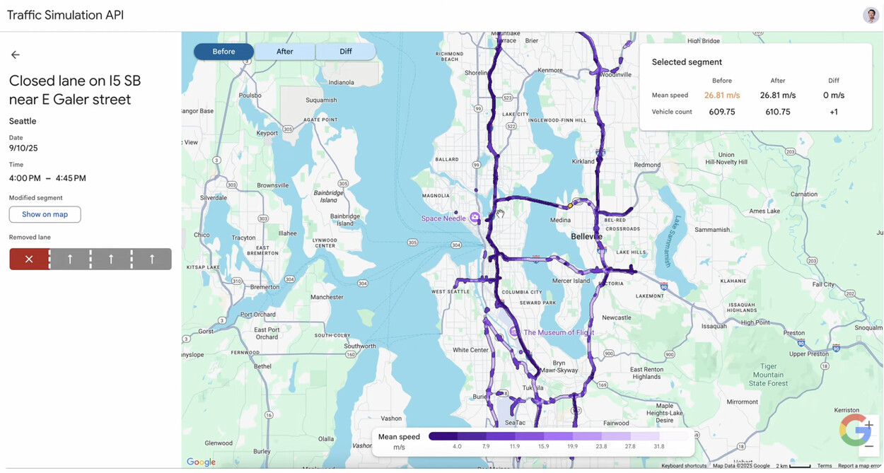 A "Traffic Simulation API" dashboard displays a map of Seattle with purple-shaded road segments analyzing the impact of lane closures.